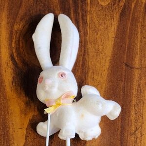 Vintage Napco Flocked Plastic Easter Bunny Flower Pick Tall Ears Pink Eyes